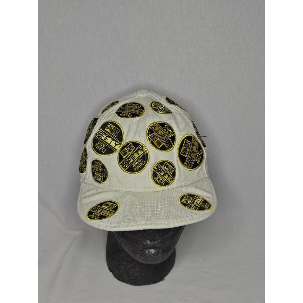 New Era All Over Patch logo White hat Cap Men's Vintage 7 1/2 Distressed Worn